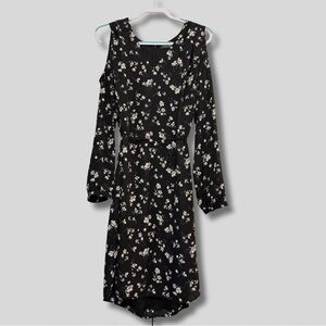 Lauren Ralph Lauren Black Floral Cold-Shoulder Midi Dress with Tie